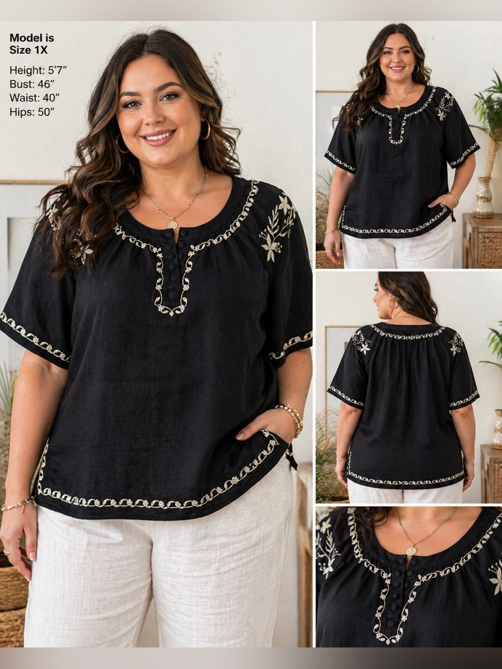 100% Linen Black with Cream embroidery; Effortless Chic 🖤 PTP: 25” L: 26”